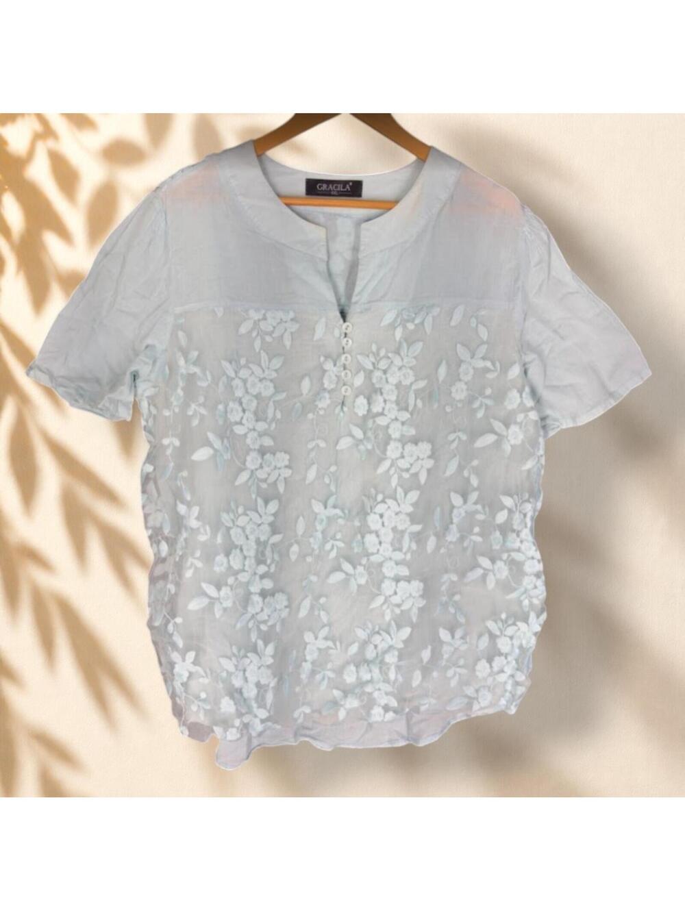 Gracila Blouse Women 5XL Plus Blue Floral Embroidered V-Neck Short Sleeve Cotton